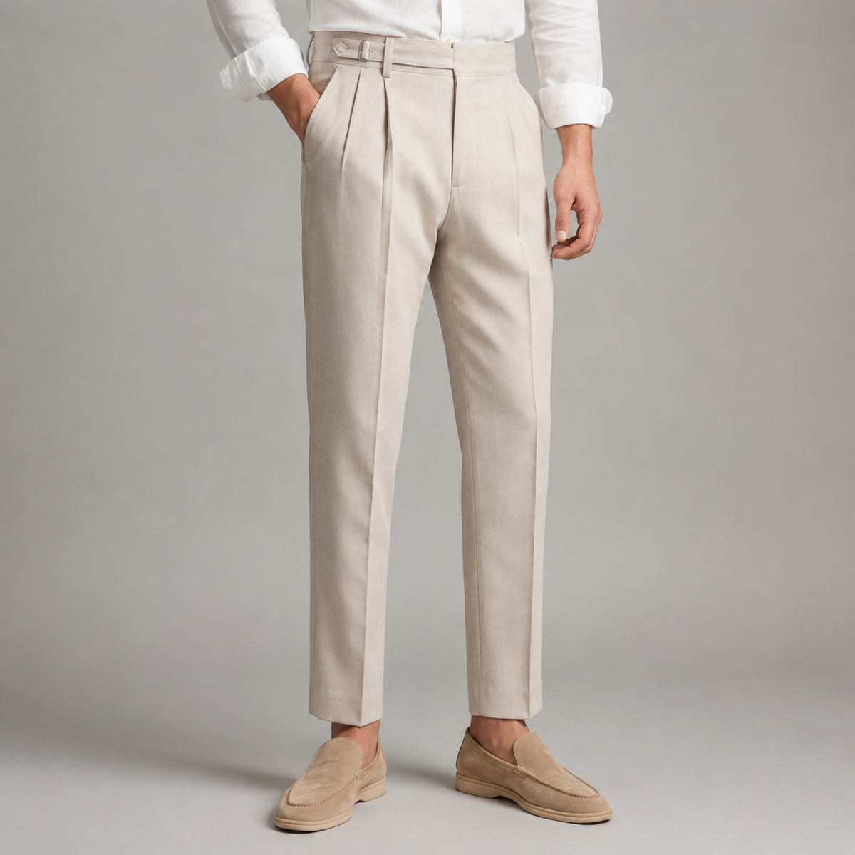 Men's tailored trousers with pleated front, buckle waist and straight full-length legs