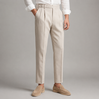 Men's tailored trousers with pleated front, buckle waist and straight full-length legs