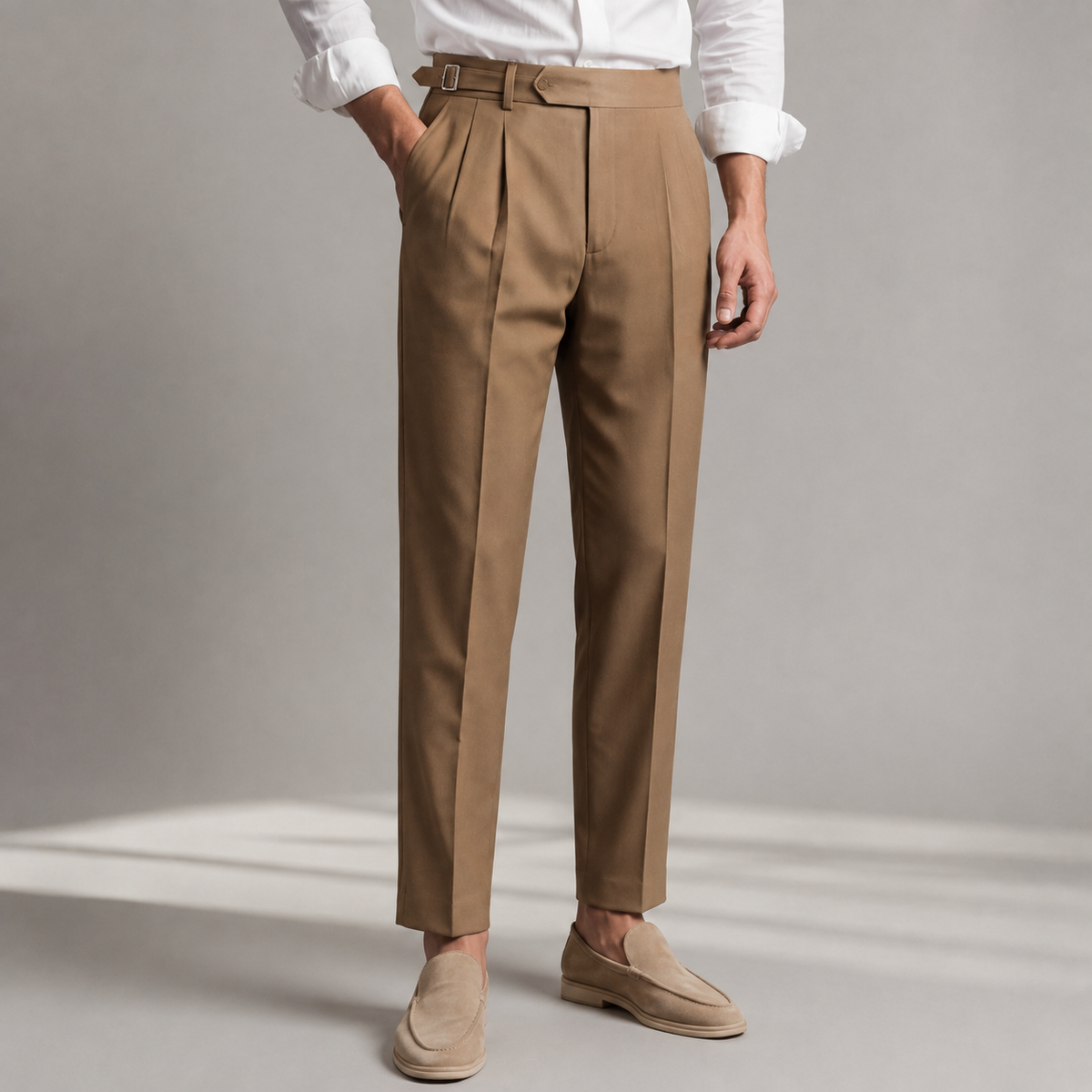 Men's tailored trousers with pleated front, buckle waist and straight full-length legs