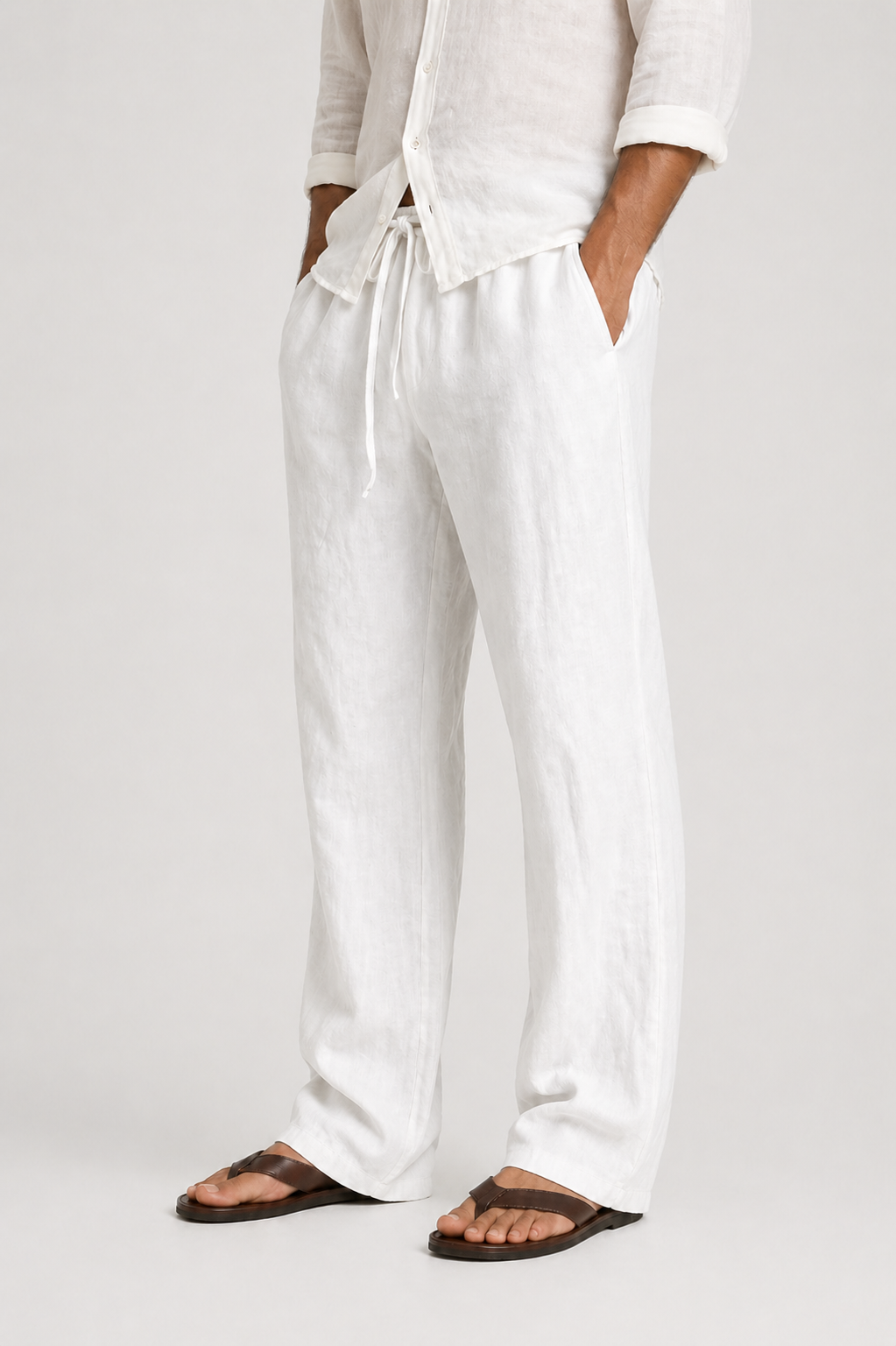 Men's Linen-Look Trousers with Drawstring and Comfort Fit