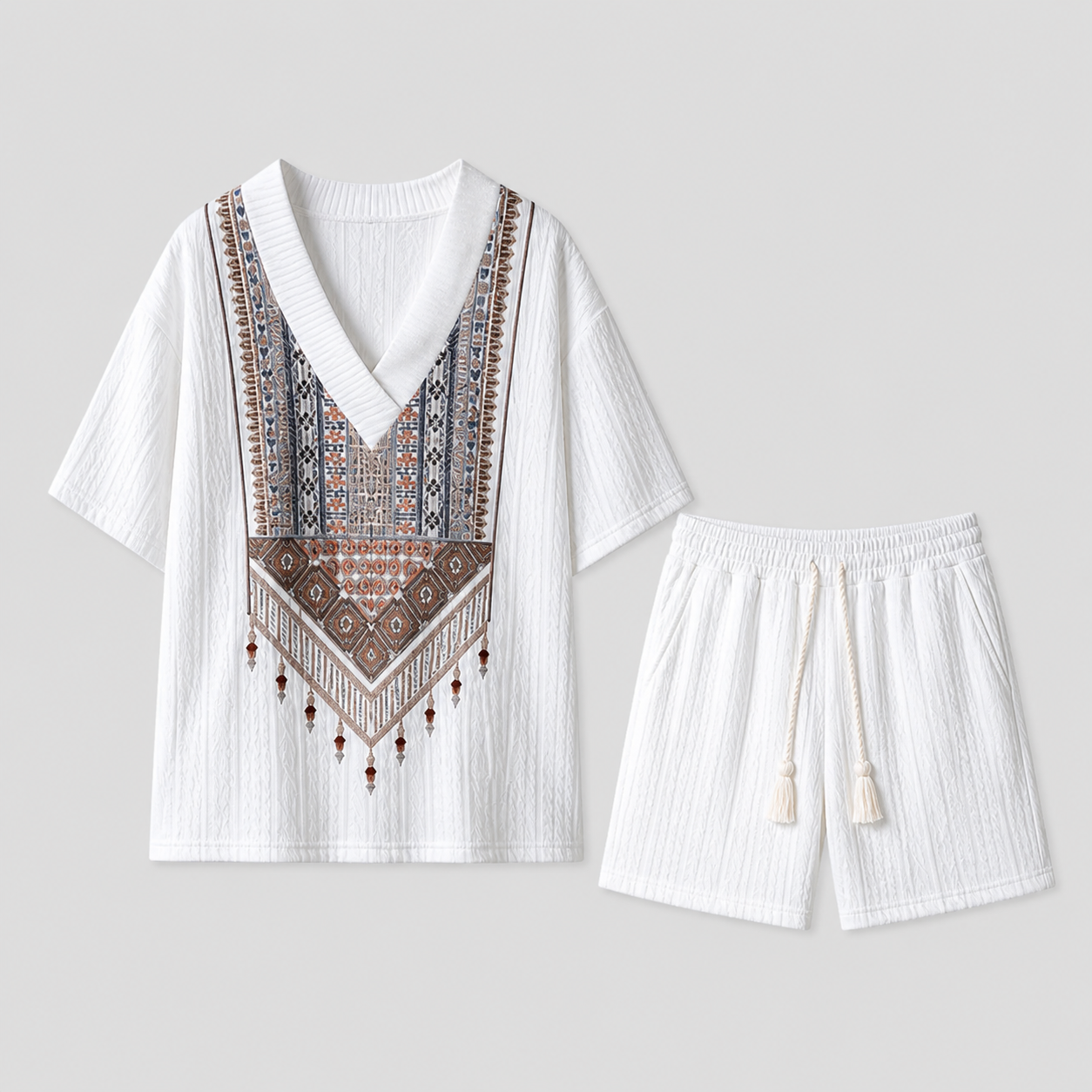 Men's V-Neck Print Summer Set with Loose Fit