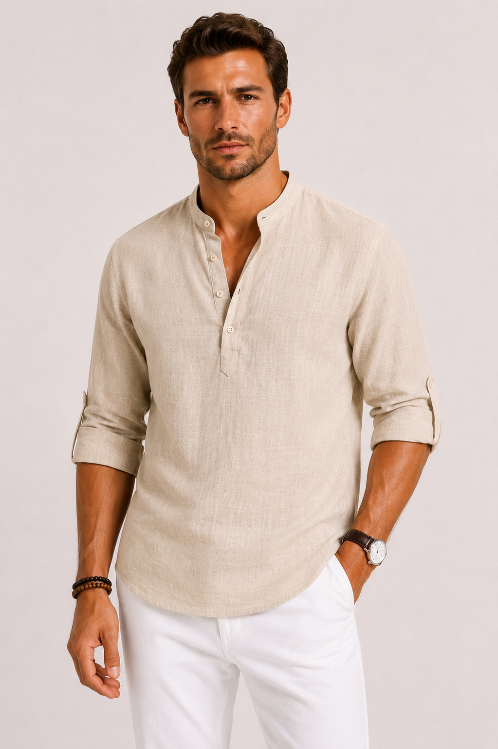Men's Linen Blend Popover Shirt, Grandad Collar, Long Sleeve