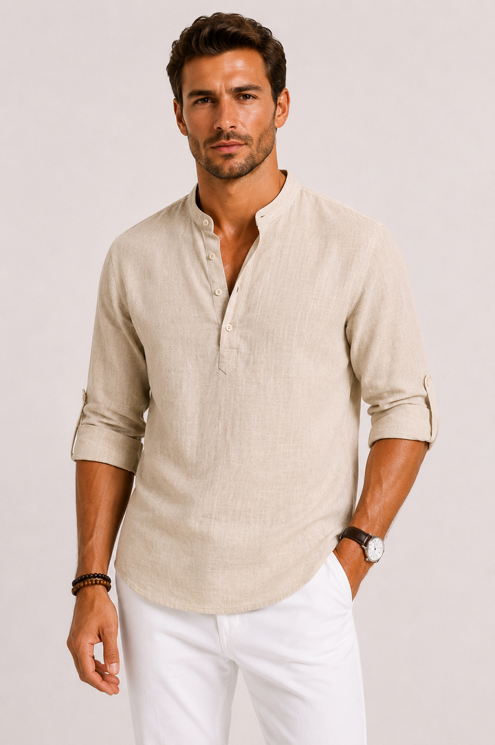 Men's Linen Blend Popover Shirt, Grandad Collar, Long Sleeve
