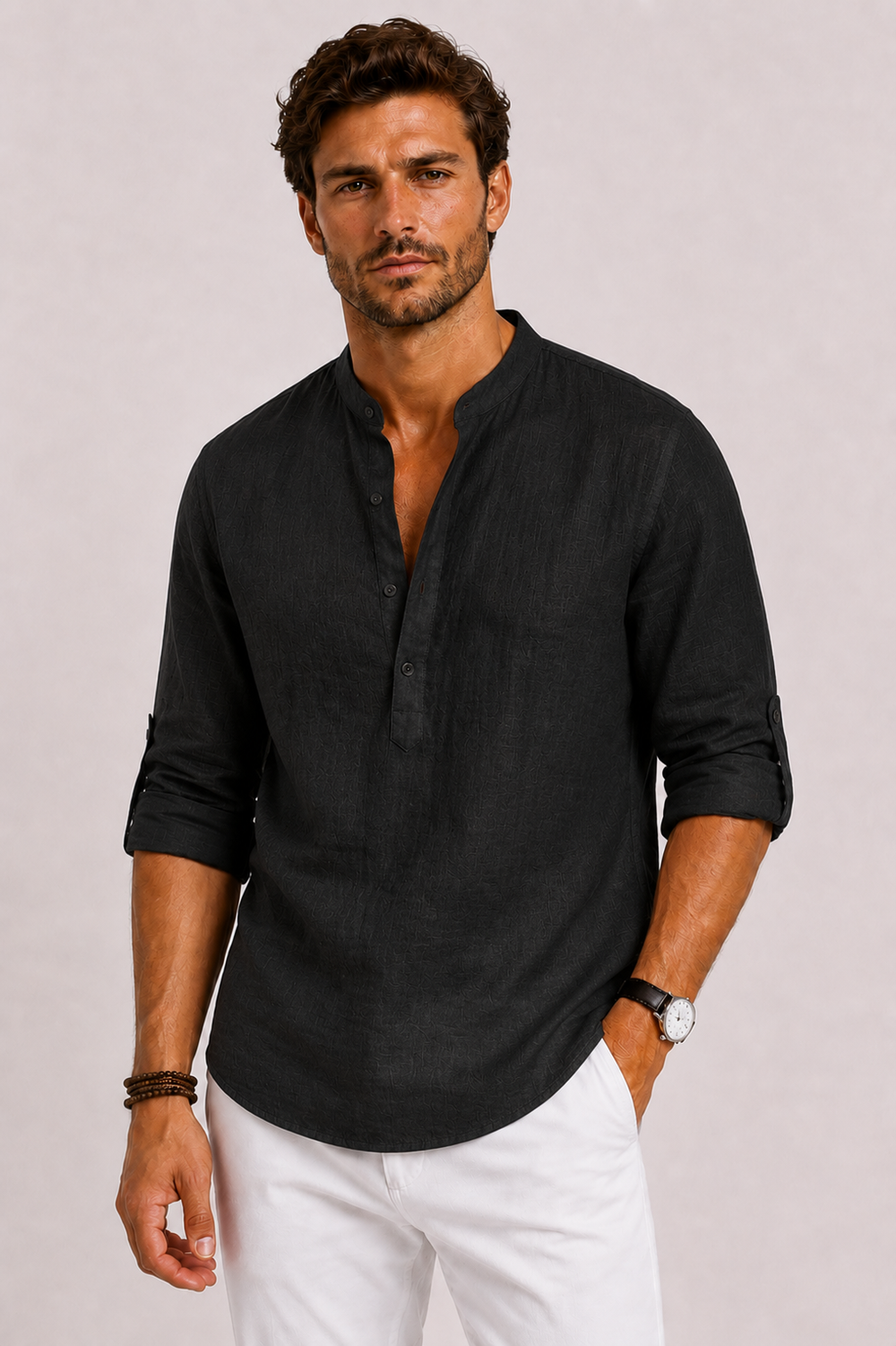 Men's Linen Blend Popover Shirt, Grandad Collar, Long Sleeve