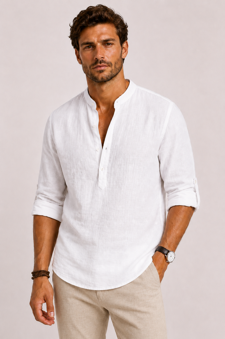 Men's Linen Blend Popover Shirt, Grandad Collar, Long Sleeve