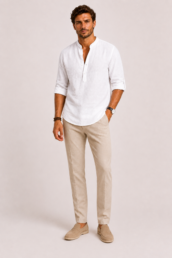 Men's Linen Blend Popover Shirt, Grandad Collar, Long Sleeve