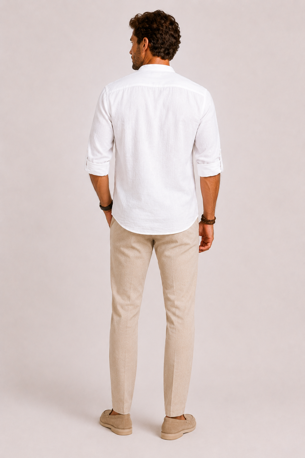 Men's Linen Blend Popover Shirt, Grandad Collar, Long Sleeve