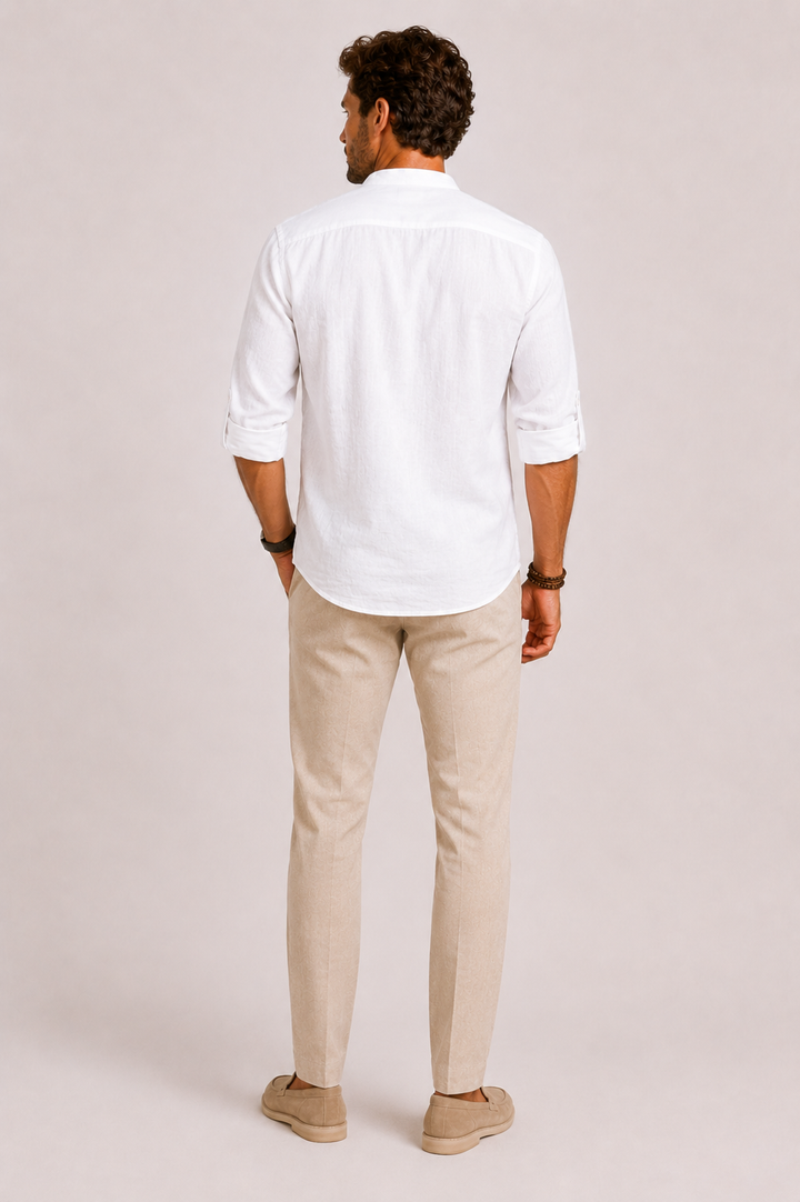 Men's Linen Blend Popover Shirt, Grandad Collar, Long Sleeve