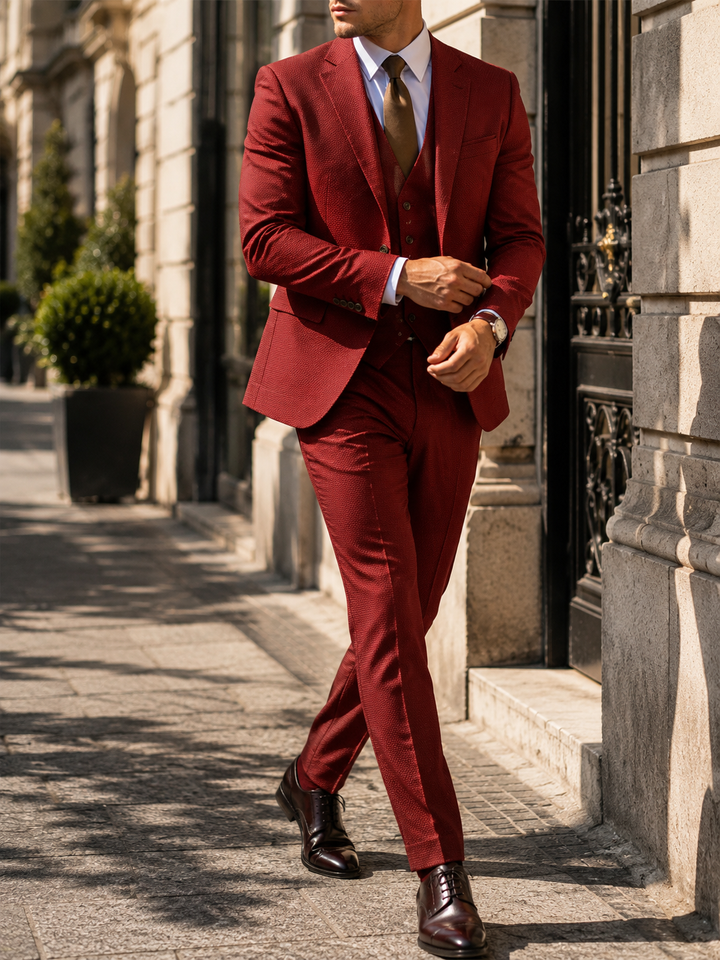 Men's three-piece suit with notch-lapel jacket and waistcoat