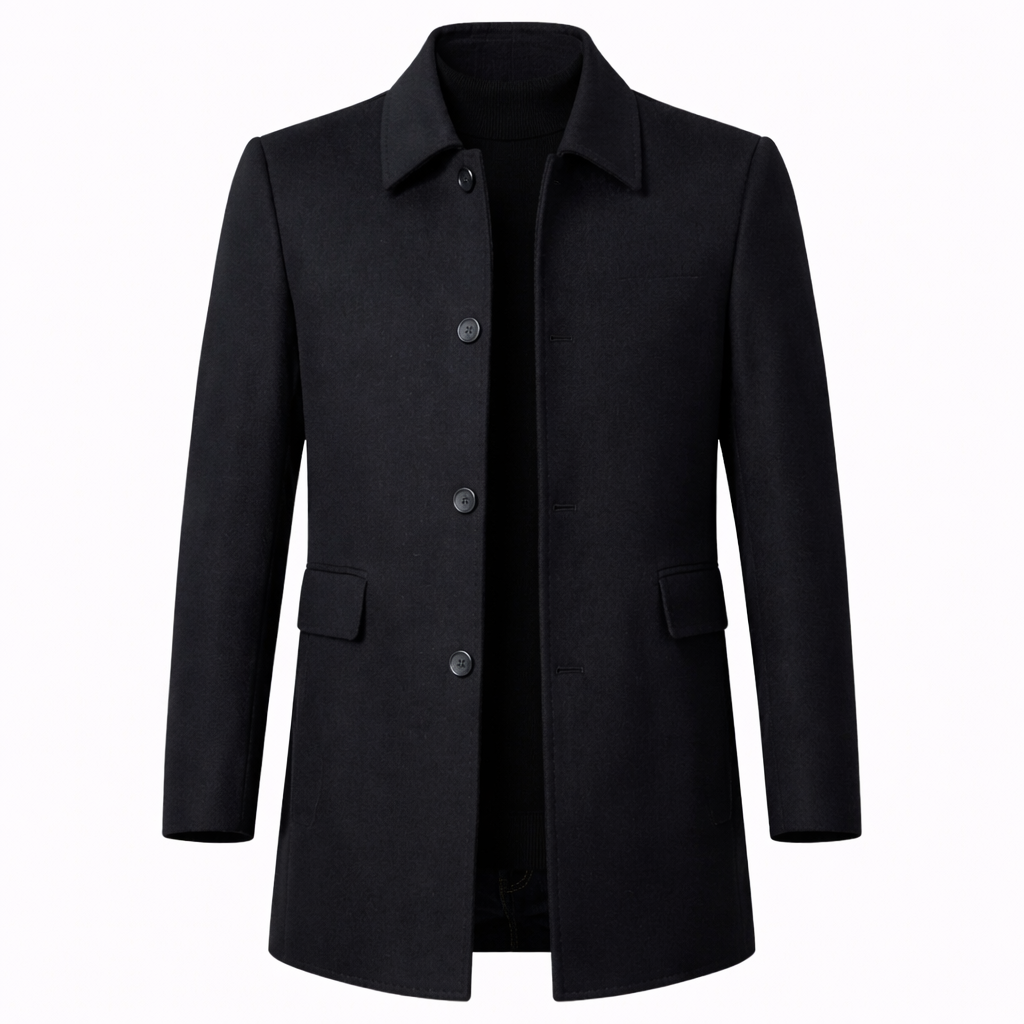 Men's button front overcoat with notched collar and flap pockets