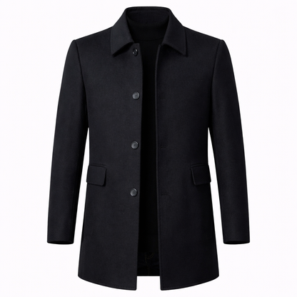Men's button front overcoat with notched collar and flap pockets