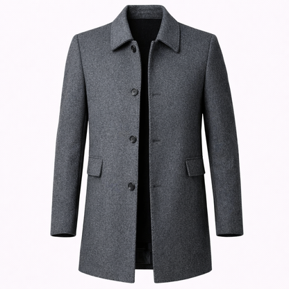 Men's button front overcoat with notched collar and flap pockets