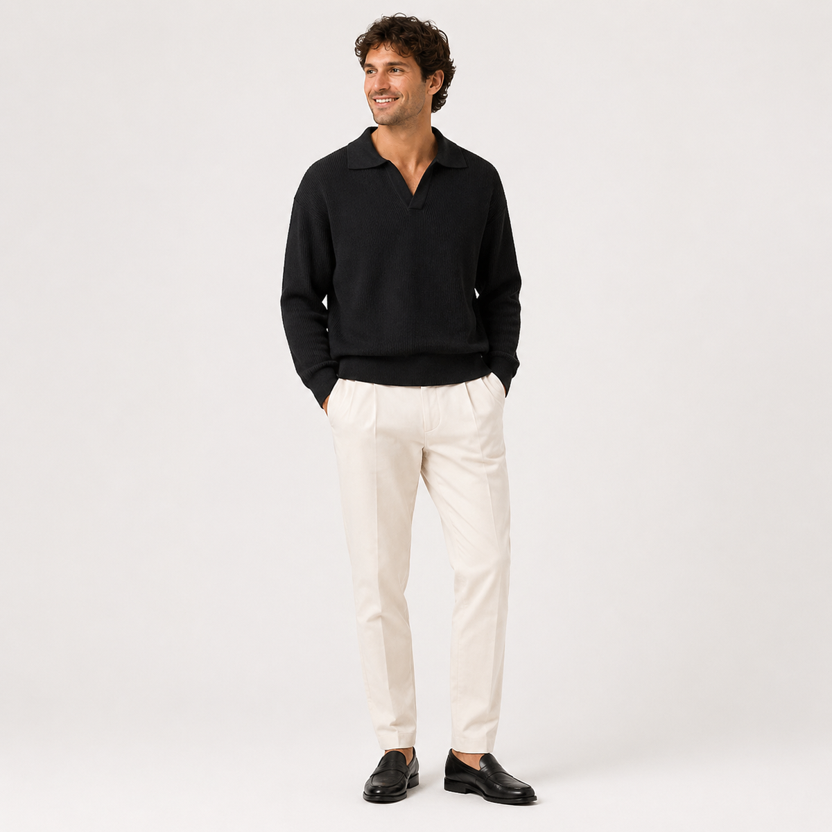 Men's textured knit polo jumper with collar, V-neckline and long sleeves