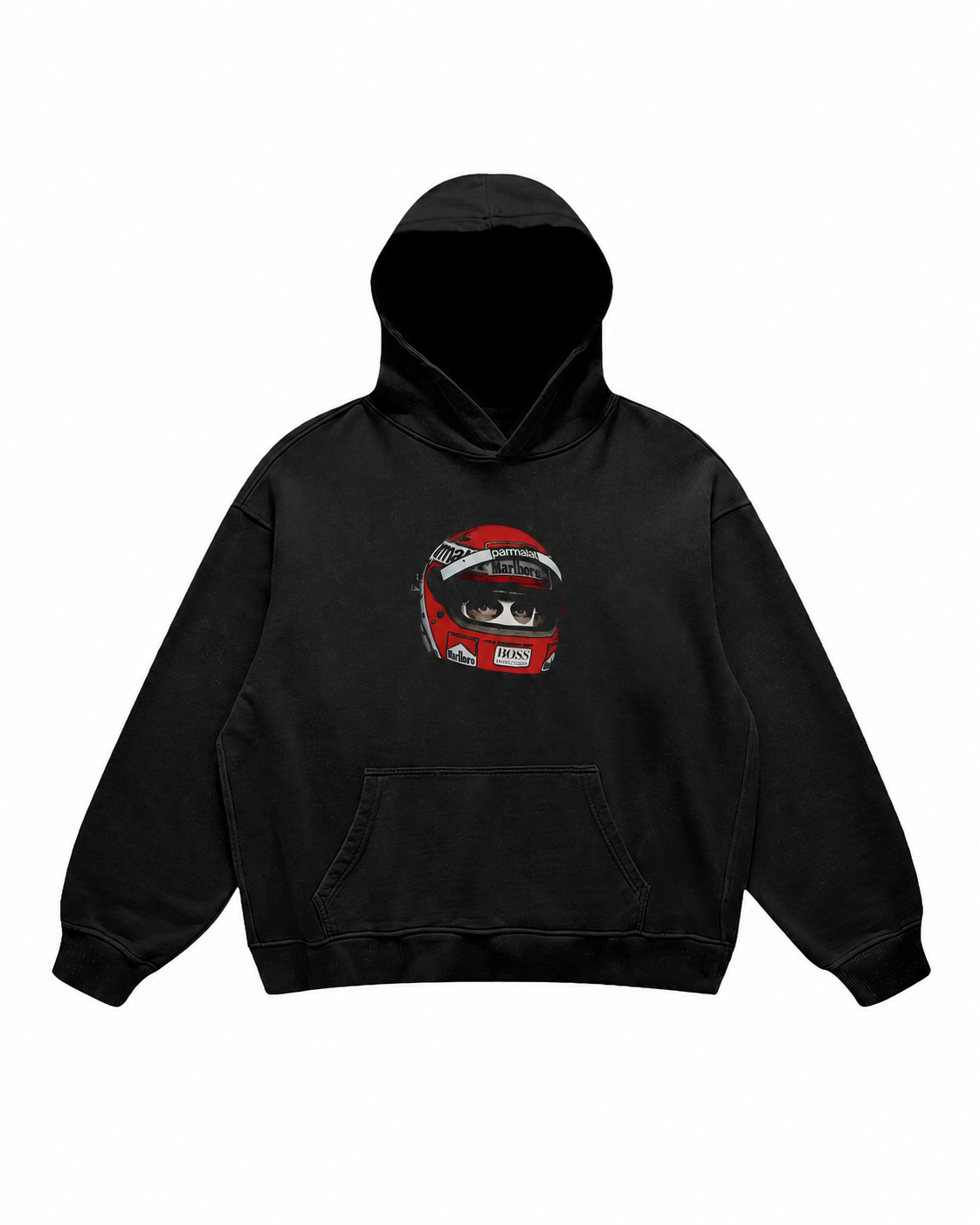 Black hoodie with red racing helmet and masked driver graphics