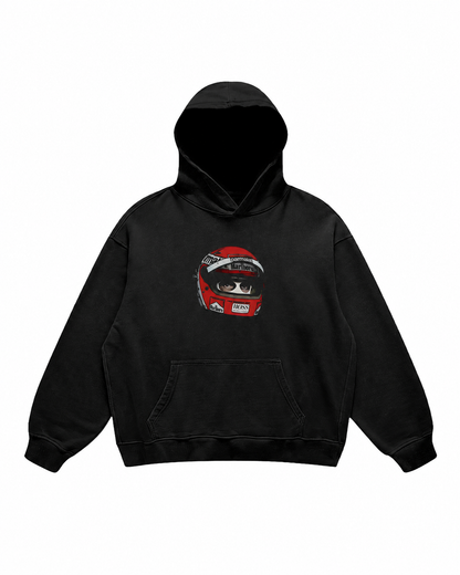 Black hoodie with red racing helmet and masked driver graphics