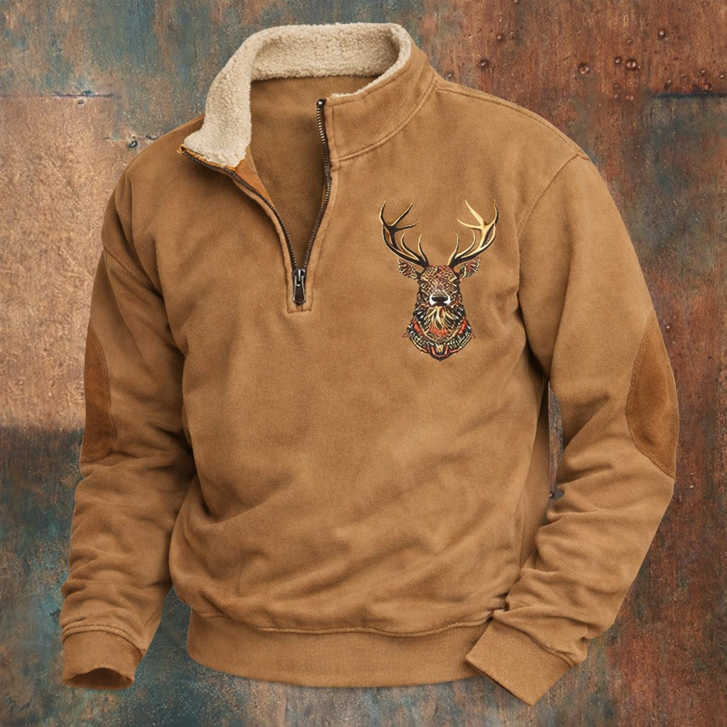 Men's quarter-zip sweatshirt with embroidered deer motif and ribbed trims