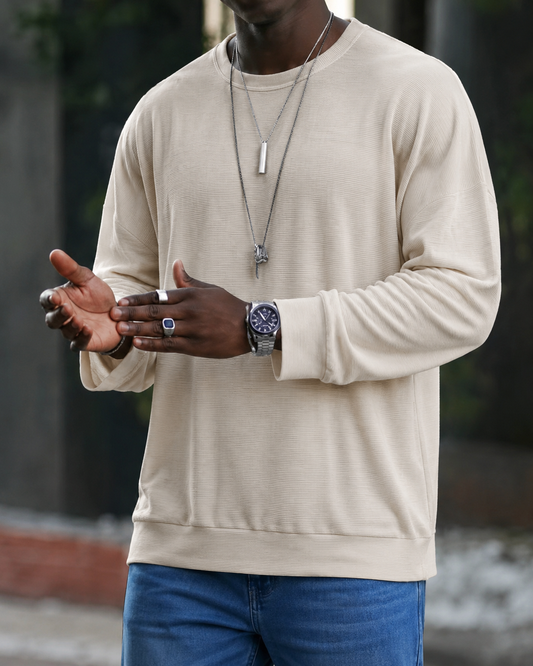 Men's textured crew neck jumper with long sleeves and ribbed trims