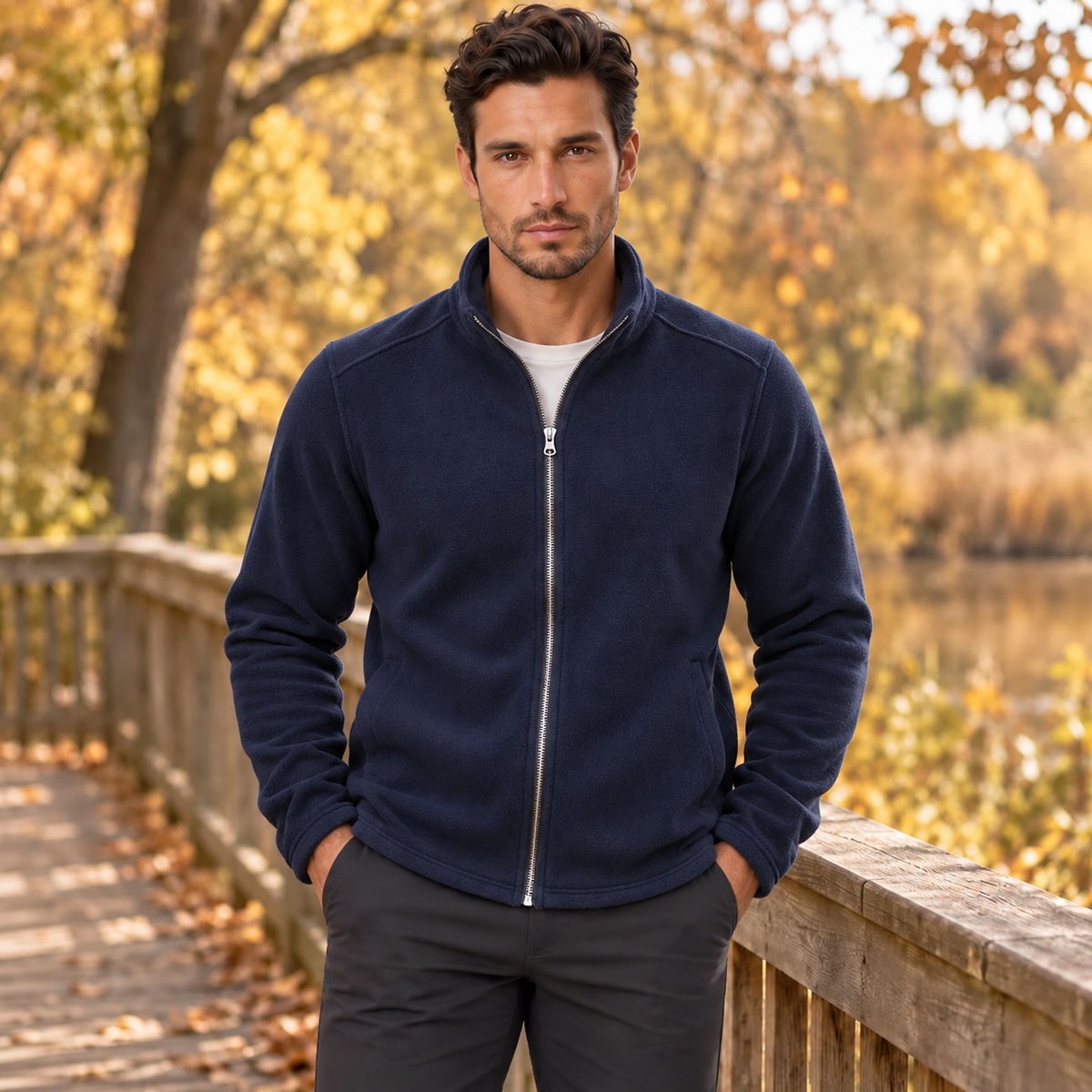 Men's full-zip mock-neck fleece jacket with long sleeves and front pockets