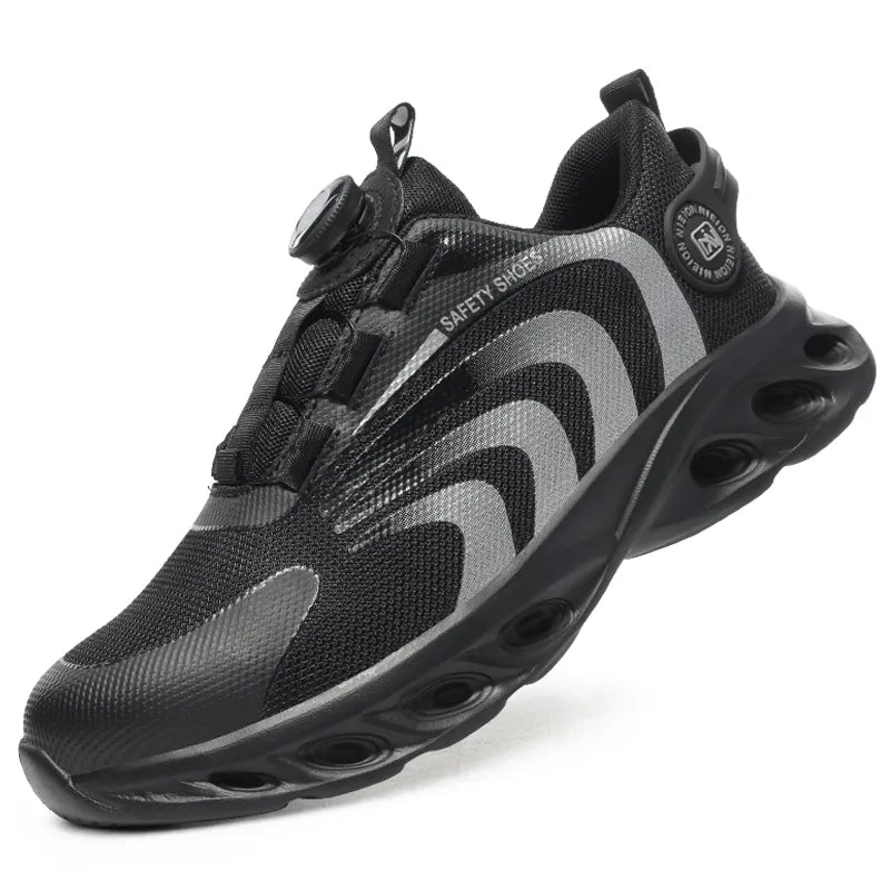 Men's trainer-style safety shoes with rotating dial closure and raised segmented sole