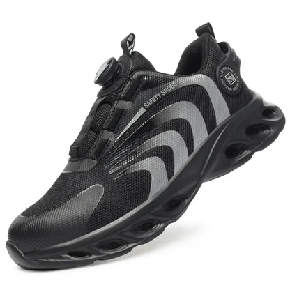 Men's trainer-style safety shoes with rotating dial closure and raised segmented sole