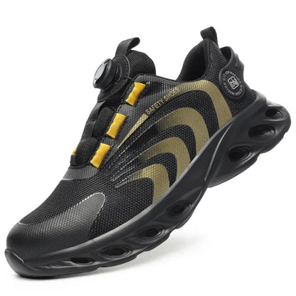 Men's trainer-style safety shoes with rotating dial closure and raised segmented sole