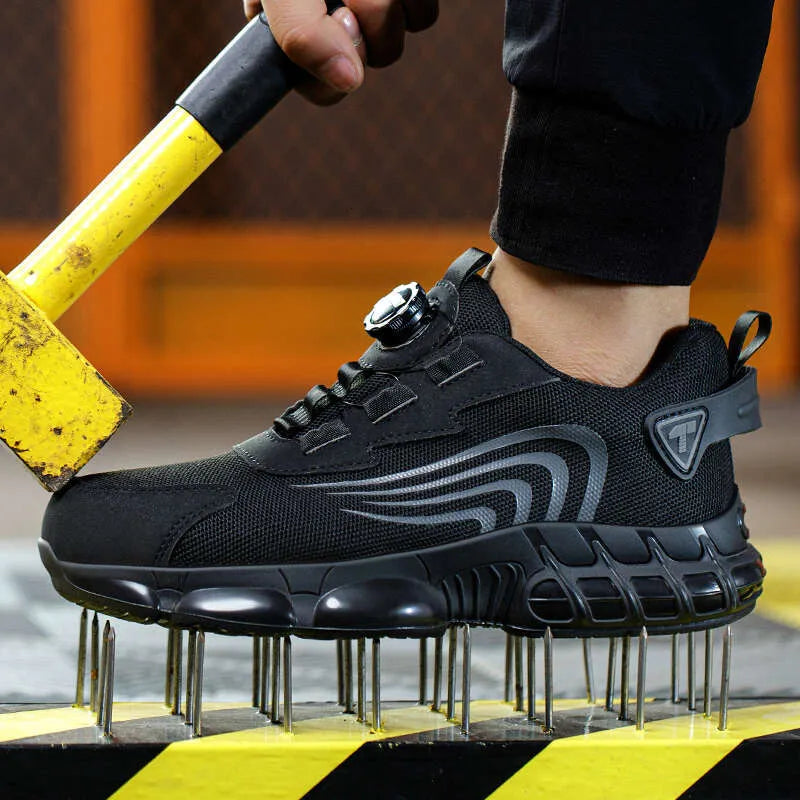 Men's trainer-style safety shoes with rotating dial closure and raised segmented sole