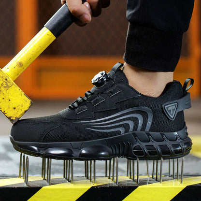 Men's trainer-style safety shoes with rotating dial closure and raised segmented sole