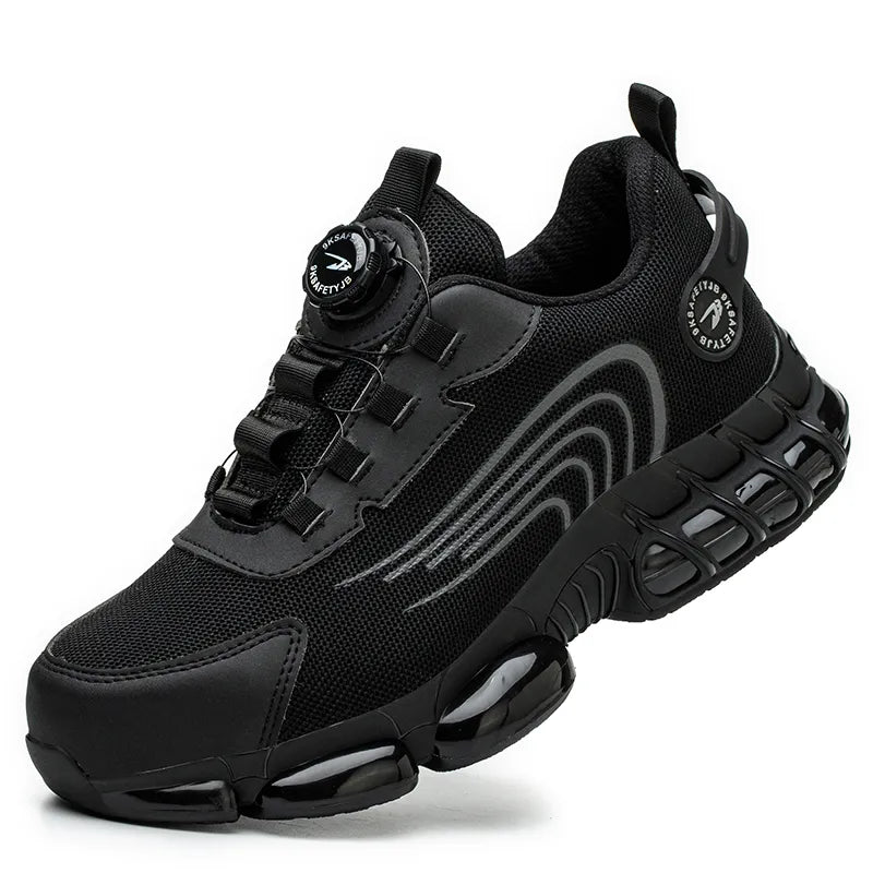 Men's trainer-style safety shoes with rotating dial closure and raised segmented sole