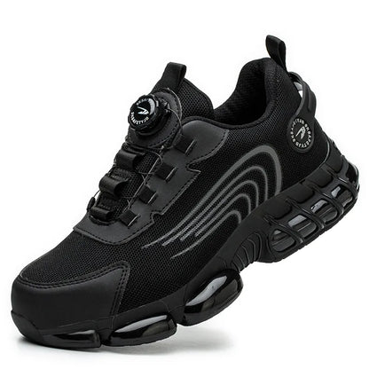 Men's trainer-style safety shoes with rotating dial closure and raised segmented sole