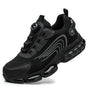 Men's trainer-style safety shoes with rotating dial closure and raised segmented sole