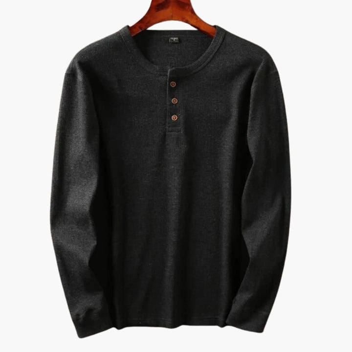 Men's cream waffle knit long sleeve henley top with three-button placket