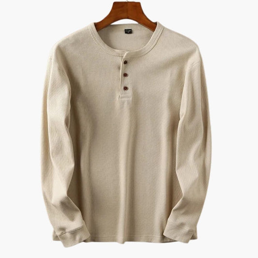 Men's cream waffle knit long sleeve henley top with three-button placket