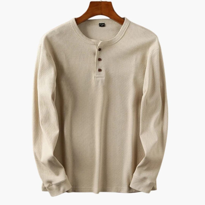 Men's cream waffle knit long sleeve henley top with three-button placket
