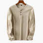 Men's cream waffle knit long sleeve henley top with three-button placket