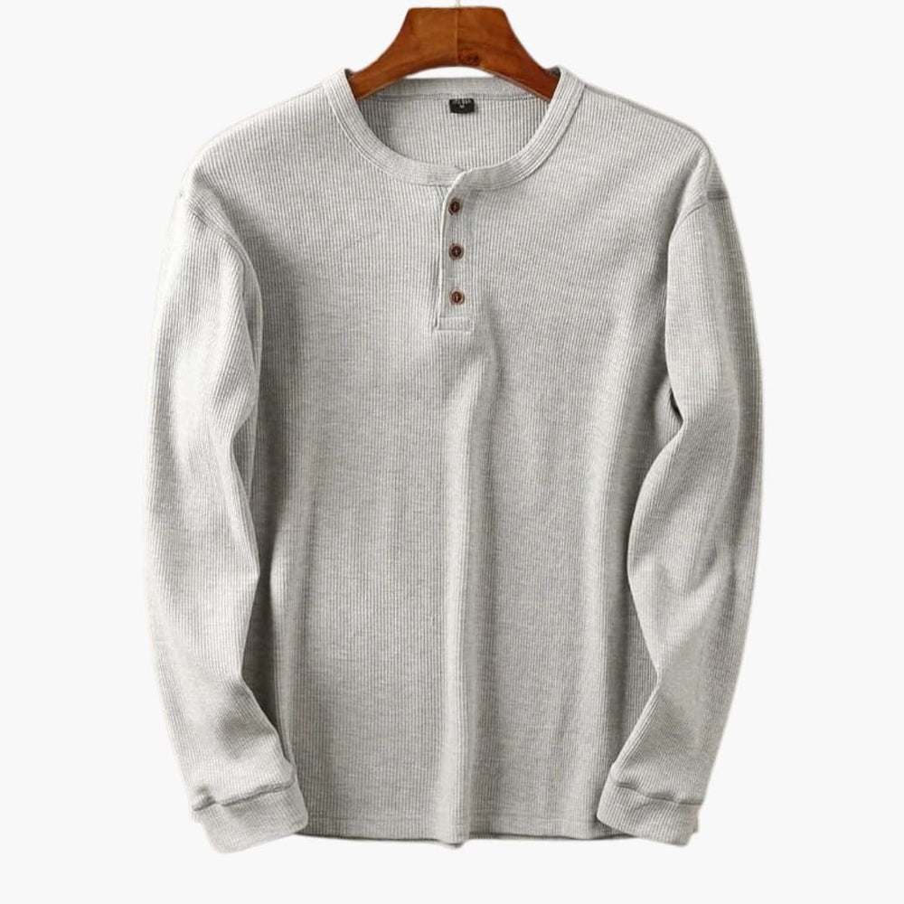 Men's cream waffle knit long sleeve henley top with three-button placket