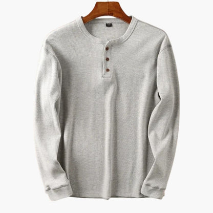 Men's cream waffle knit long sleeve henley top with three-button placket