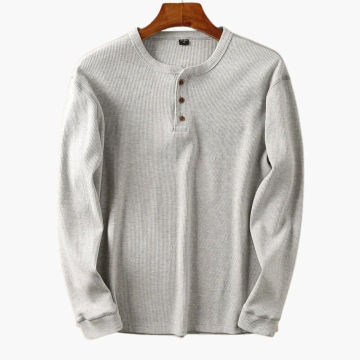 Men's cream waffle knit long sleeve henley top with three-button placket