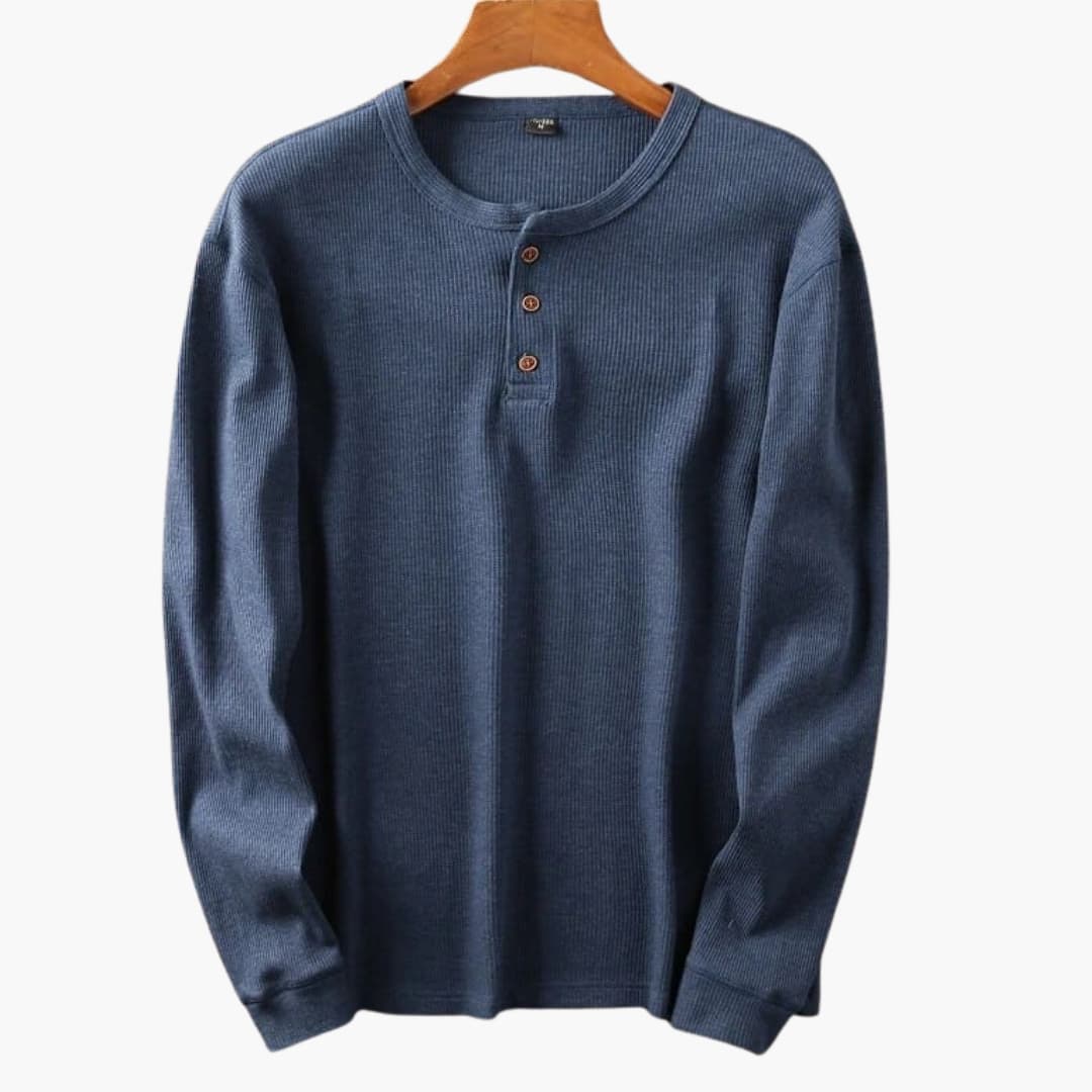 Men's cream waffle knit long sleeve henley top with three-button placket