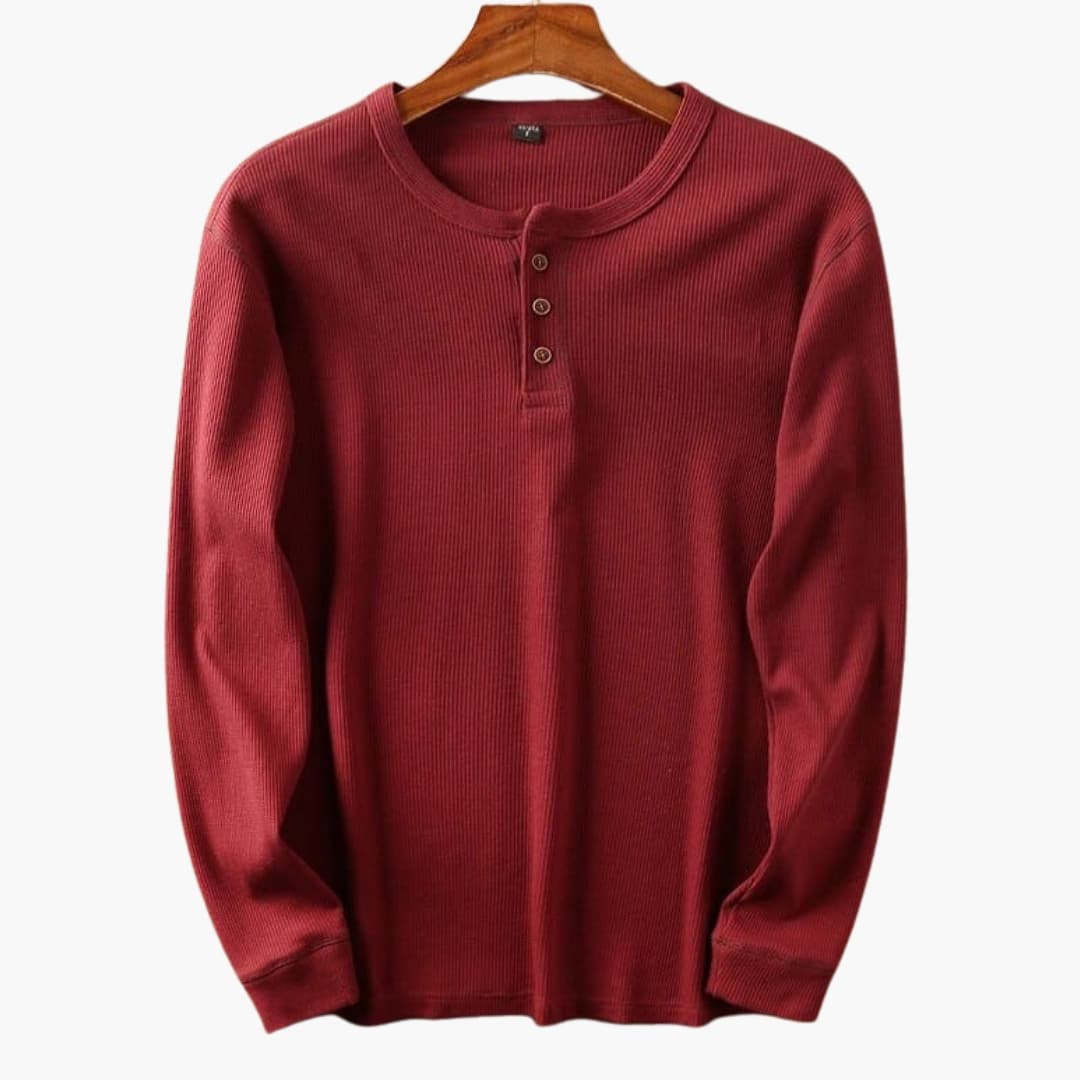 Men's cream waffle knit long sleeve henley top with three-button placket