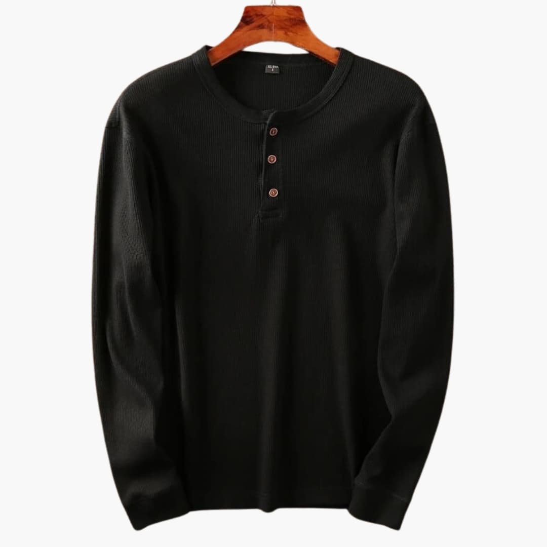 Men's cream waffle knit long sleeve henley top with three-button placket