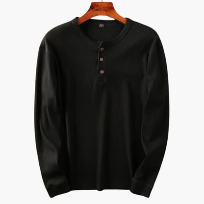 Men's cream waffle knit long sleeve henley top with three-button placket