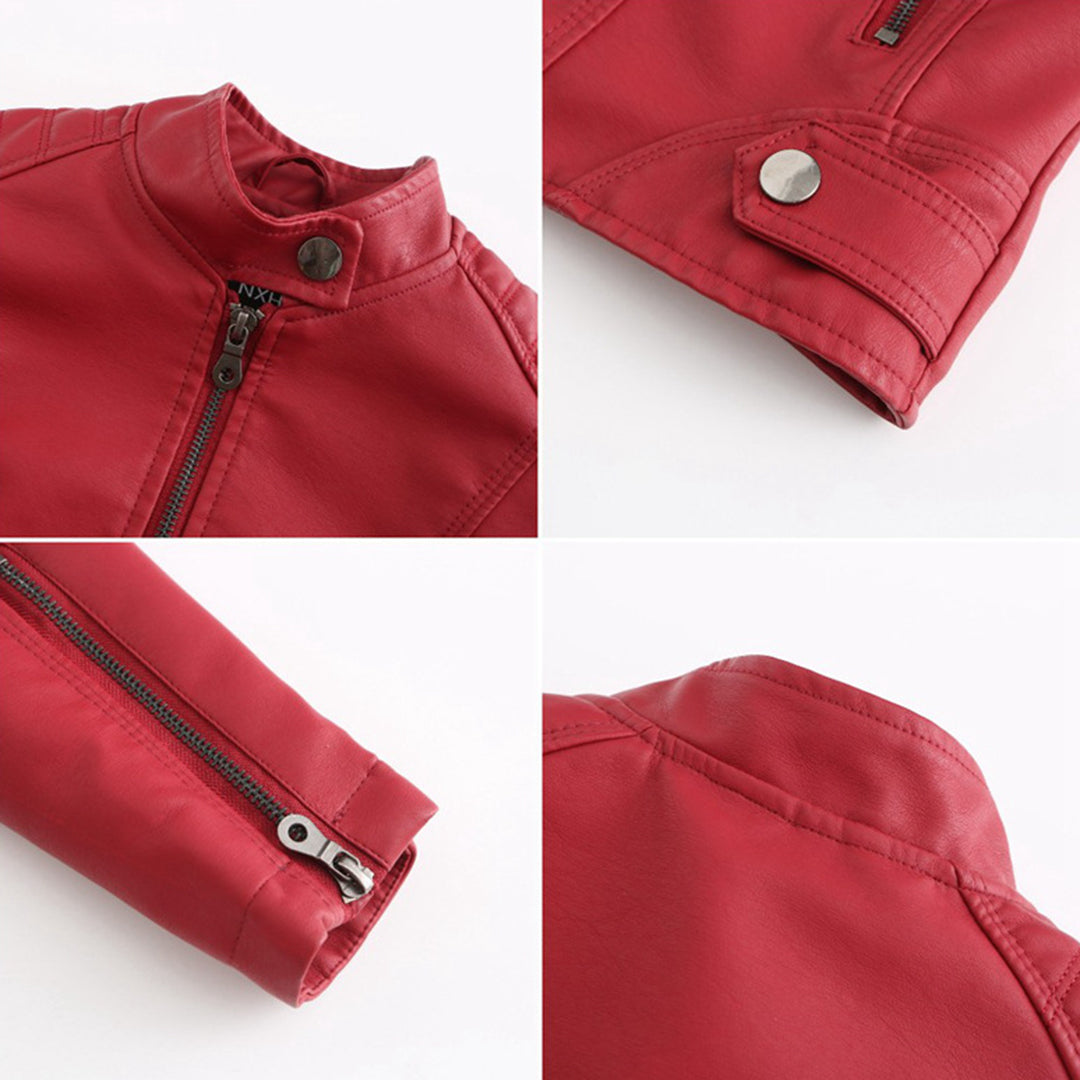 Women's tailored fitted leather jacket with zip front and stand collar