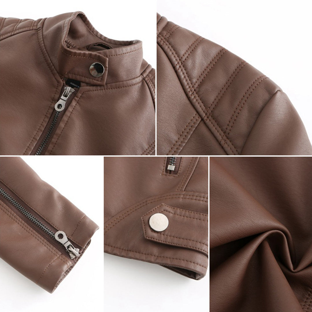 Women's tailored fitted leather jacket with zip front and stand collar