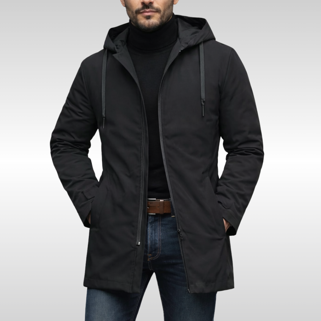 Men's hooded longline coat with zip front, drawcords and side pockets