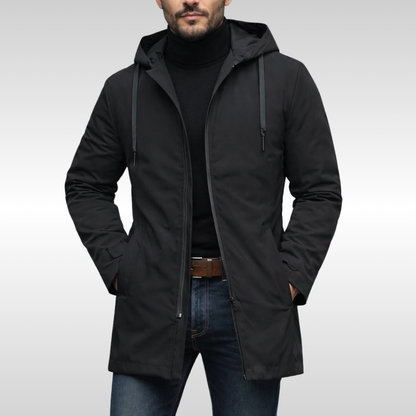 Men's hooded longline coat with zip front, drawcords and side pockets