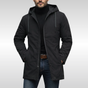Men's hooded longline coat with zip front, drawcords and side pockets