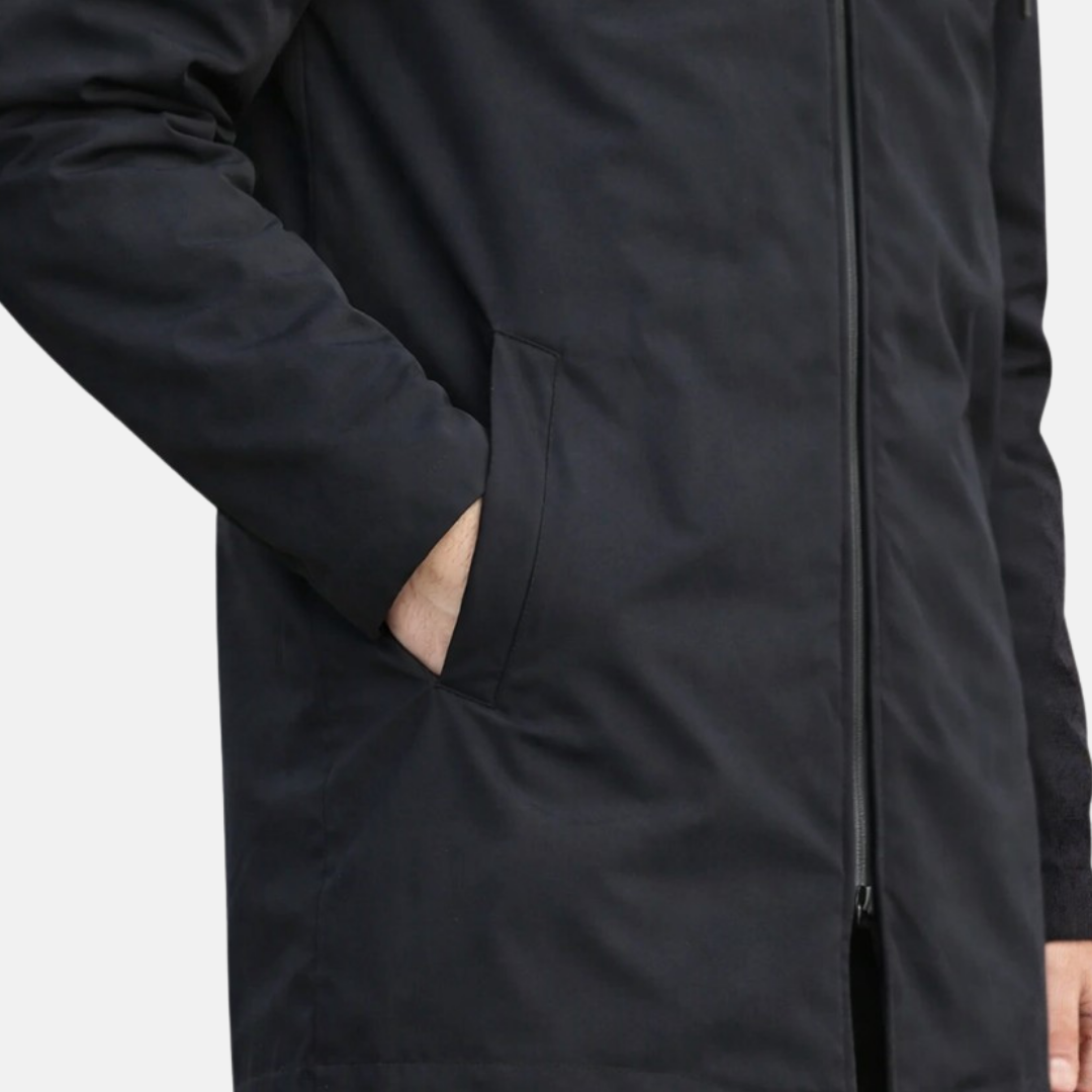 Men's hooded longline coat with zip front, drawcords and side pockets