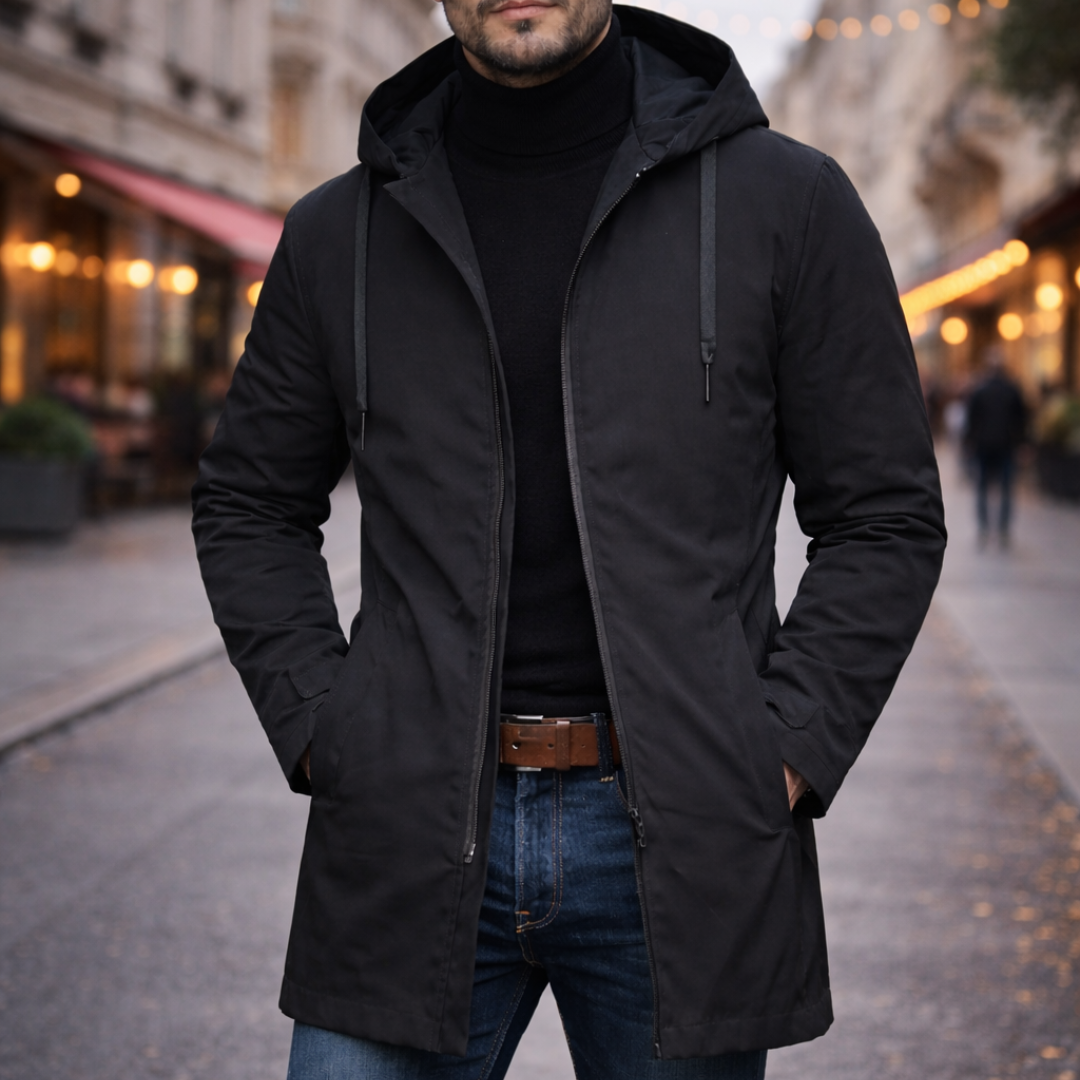 Men's hooded longline coat with zip front, drawcords and side pockets