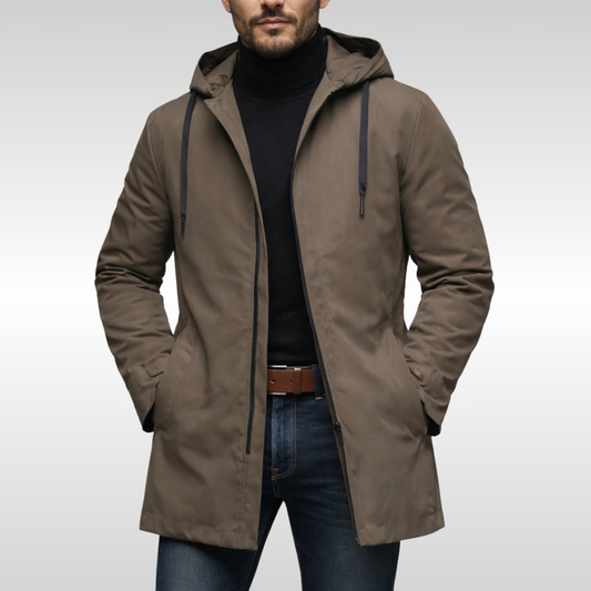 Men's hooded longline coat with zip front, drawcords and side pockets
