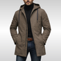Men's hooded longline coat with zip front, drawcords and side pockets